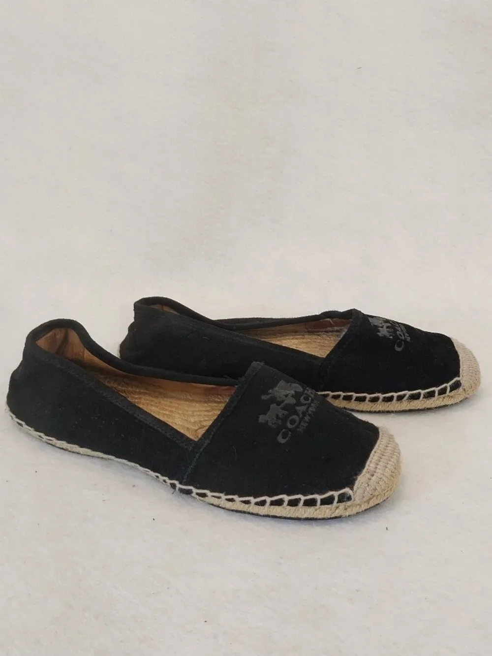 Coach Designer Comfort Shoes Womens 8 Espadrille Flats Black Suede Logo Casual.
